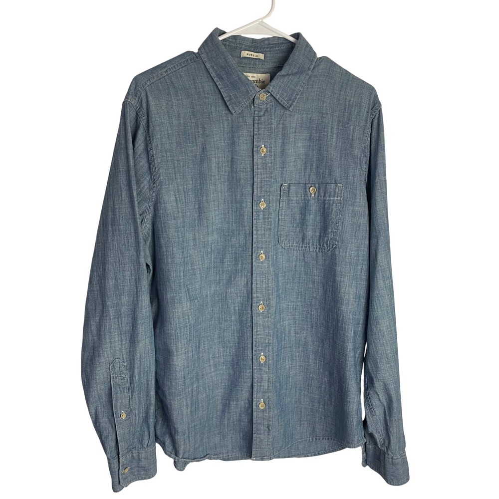 Abercrombie Mens Chambray Shirt Size L Blue Button Up Long Sleeve Pocket